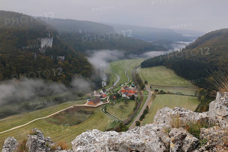 View from the Korbfelsen to the Talhofe with hydroelectric power plant power station
