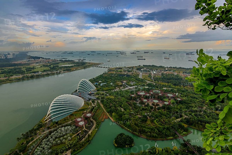 View from Marina Bay Sands to the Gardens by the Bay and the ships in front of the harbour
