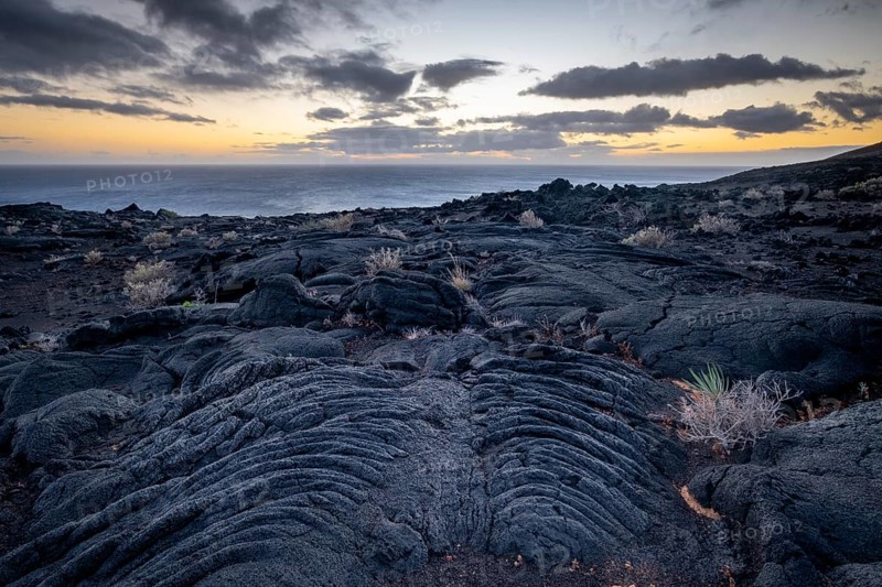Typical volcanic landscape at La Restinga at sunset