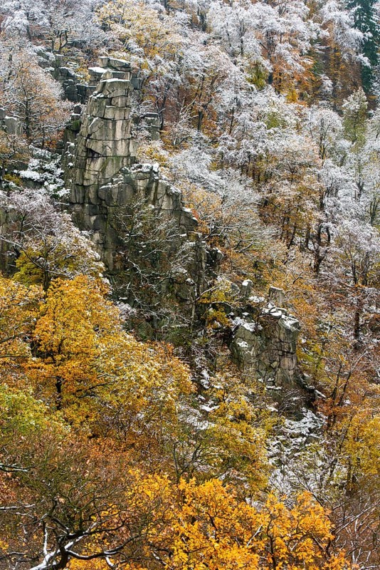 First snow on the autumnal slopes of the Bode Valley in the Harz Mountains
