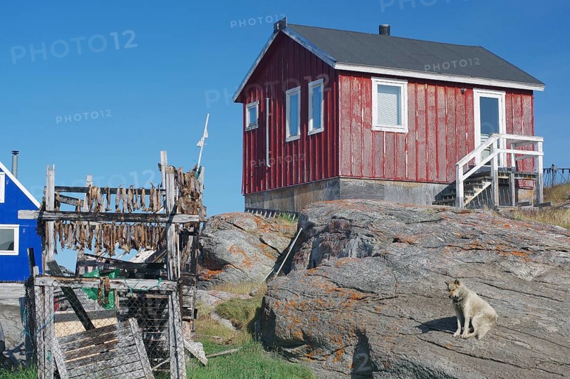 Racks of dried fish in front of simple wooden houses