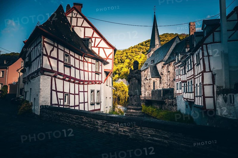 Historic town centre with half-timbered houses on the Elzbach and the ruins of the Loewenburg