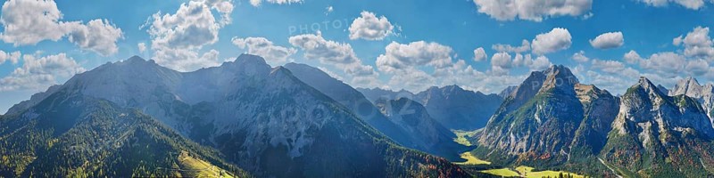 Panorama from the Hasentalalm with view into the narrow valley to the Grosser Ahornboden and the Karwendel peaks of Sonnjoch