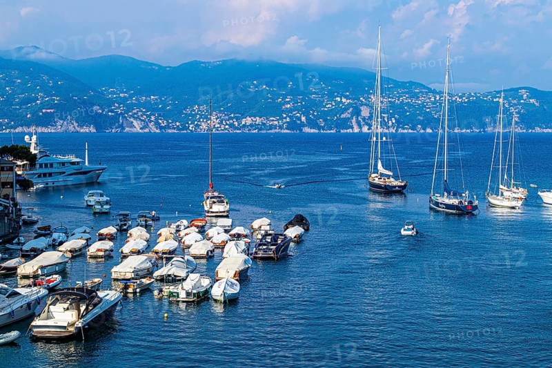 Boats and sailing yachts anchor in front of the harbour of Portofino