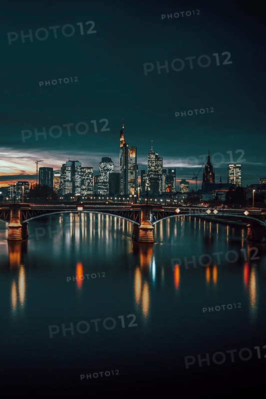 View of Frankfurt and the illuminated Frankfurt skyline