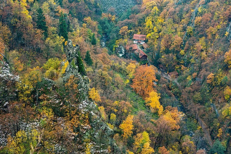 First snow on the autumnal slopes of the Bode Valley in the Harz Mountains