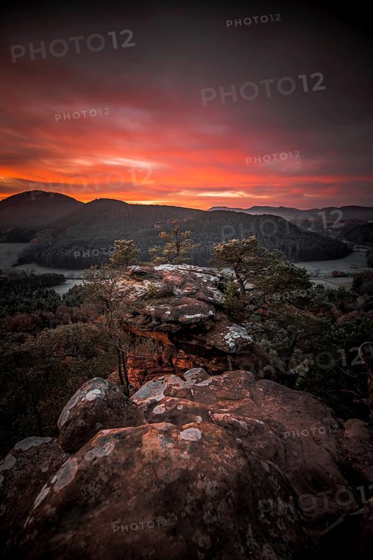 View from the sandstone rock Wachtfelsen to the sunrise
