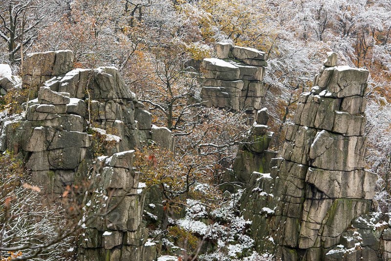 First snow on the autumnal slopes of the Bode Valley in the Harz Mountains