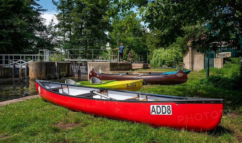 Recreational sportsman with canoe at the Dubkower lock in the Spreewald