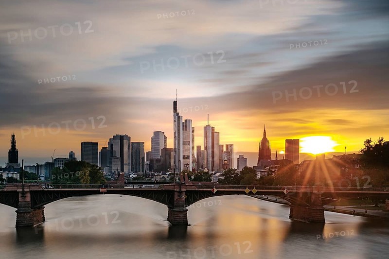 Skyline and banking district at sunset