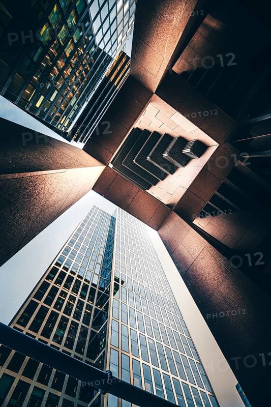 View upwards at the Japantower in the Frankfurt skyline