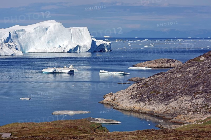View of a bay with icebergs