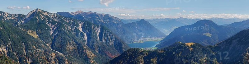 Panoramic view from the Plumsjoch into the Pletzachbach valley to Pertisau to the Achensee