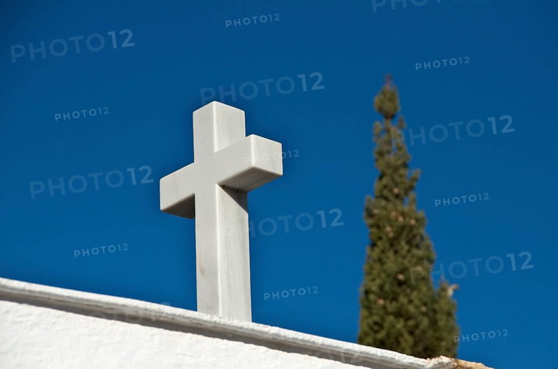 White marble cross in front of cypress tree in cemetery