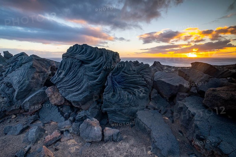Typical volcanic landscape at La Restinga at sunset