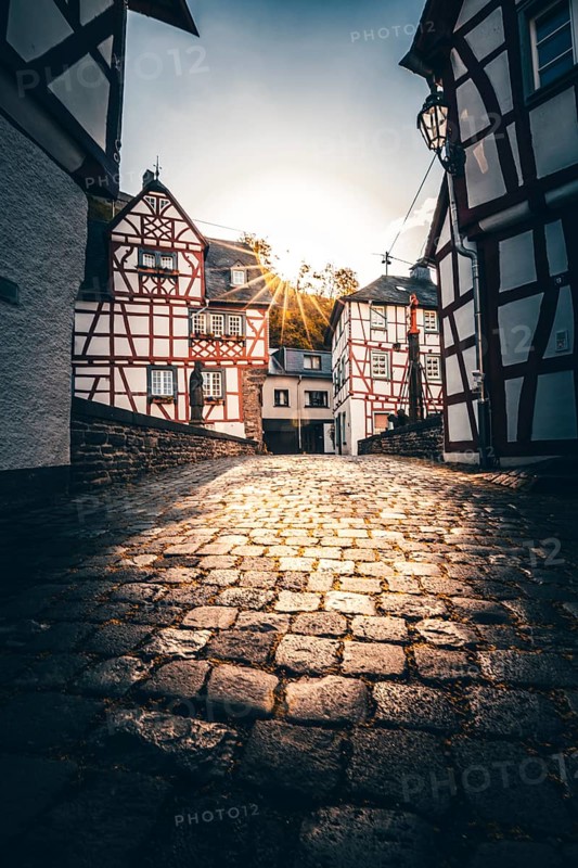 Historic town centre with half-timbered houses on the Elzbach and the ruins of the Loewenburg