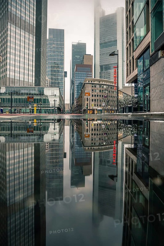 Skyscraper canyon in Frankfurt am Main with view into Neue Mainzer Strasse