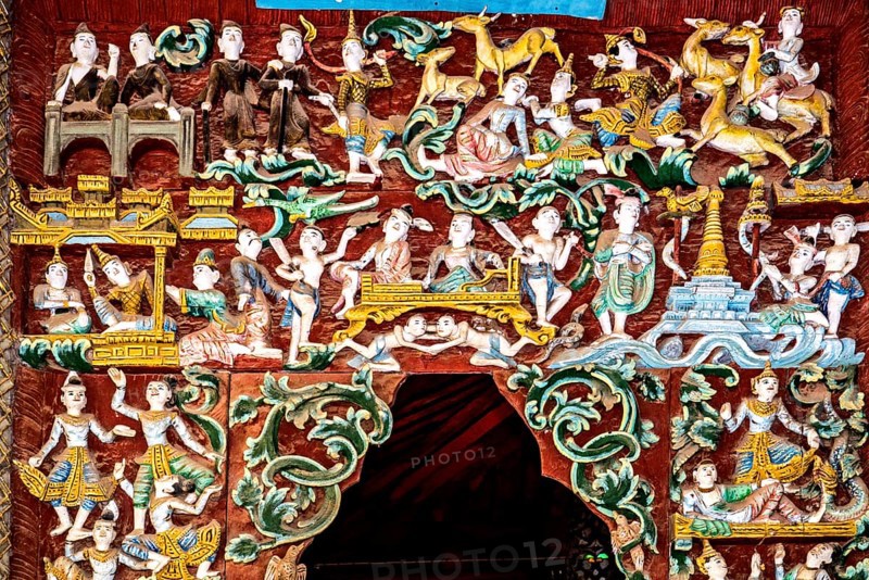 Wood carvings in side temples of Shwezigon Pagoda