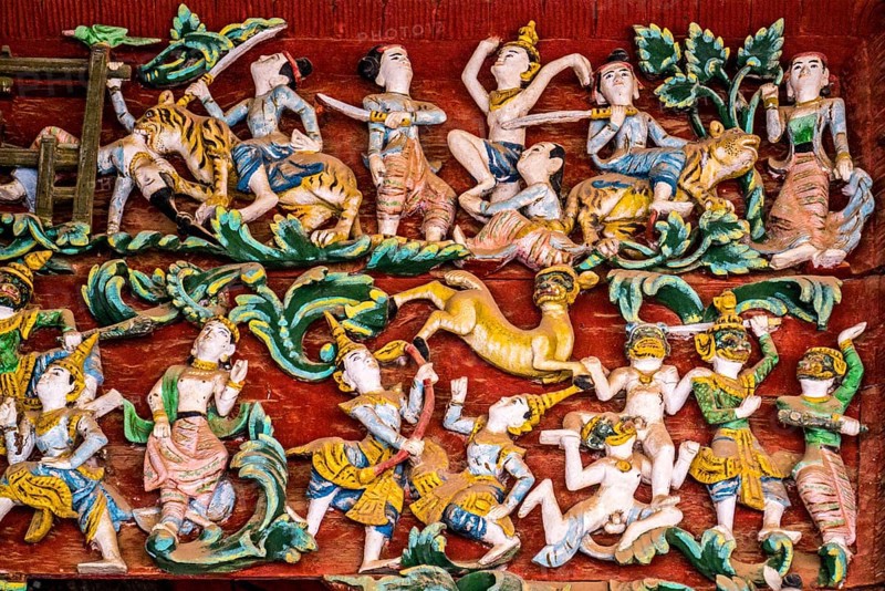 Wood carvings in side temples of Shwezigon Pagoda