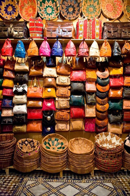 Leather goods in the narrow souks of Fes