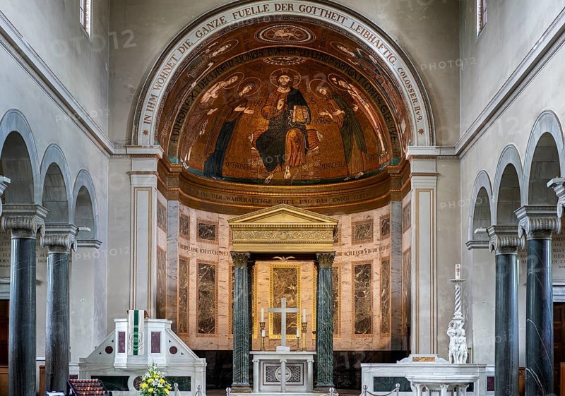 Rows of chairs and altar during the Corona Pandemic in the Friedenskirche in Potsdam