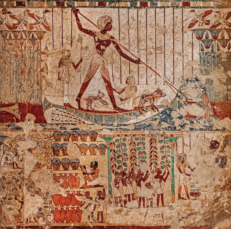 Bird and fish catching scene in the papyrus thicket: Userhat standing on a papyrus thicket