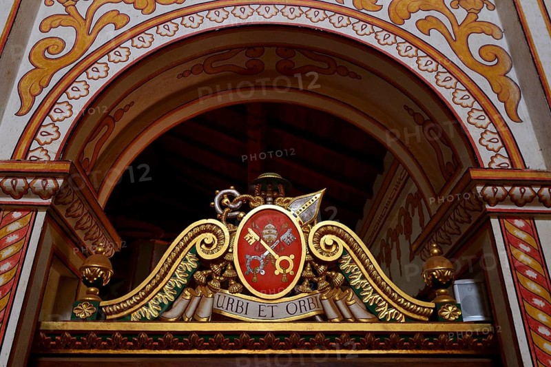 Coat of arms and motto of the Vatican in the mission church Catedral Inmaculada