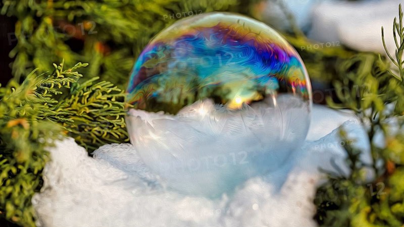 Freezing soap bubble on snow