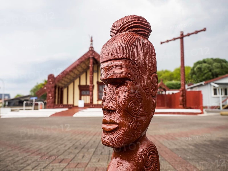 Wooden figure at the Maori meeting house in Ohinemutu