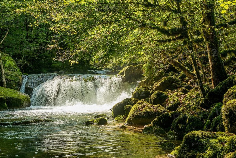 Waterfall and mossy rocks