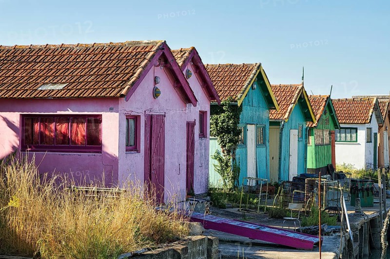 Colourful oyster farmers' huts