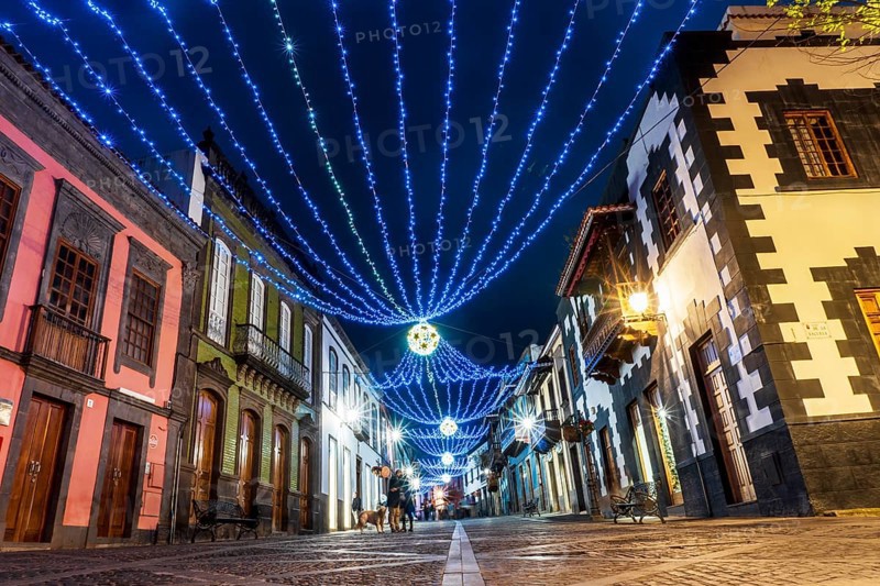 Illuminated main street in historic Teror
