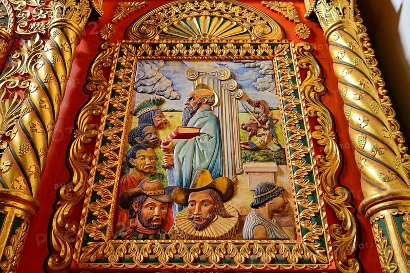 Detail of the colourful altar of the mission church Catedral Inmaculada