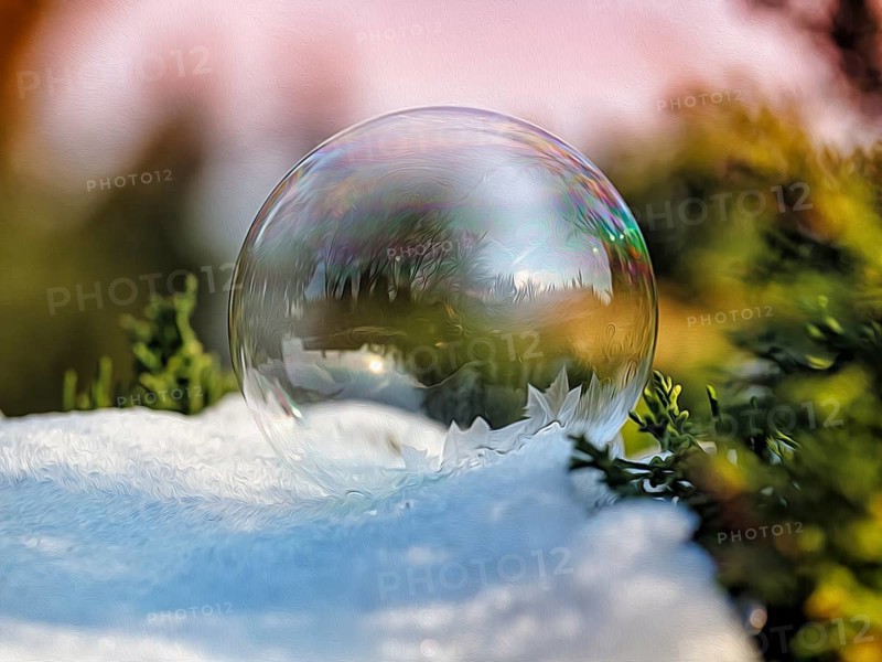 Freezing soap bubble with ice crystals on snow