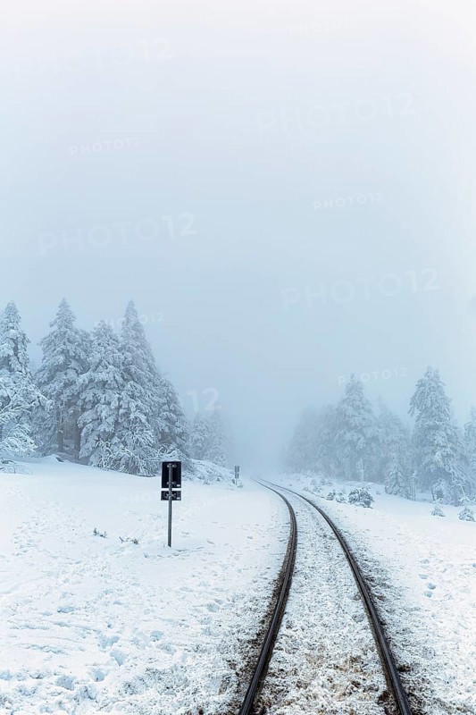 Railway tracks of the Brockenbahn in snowy landscape