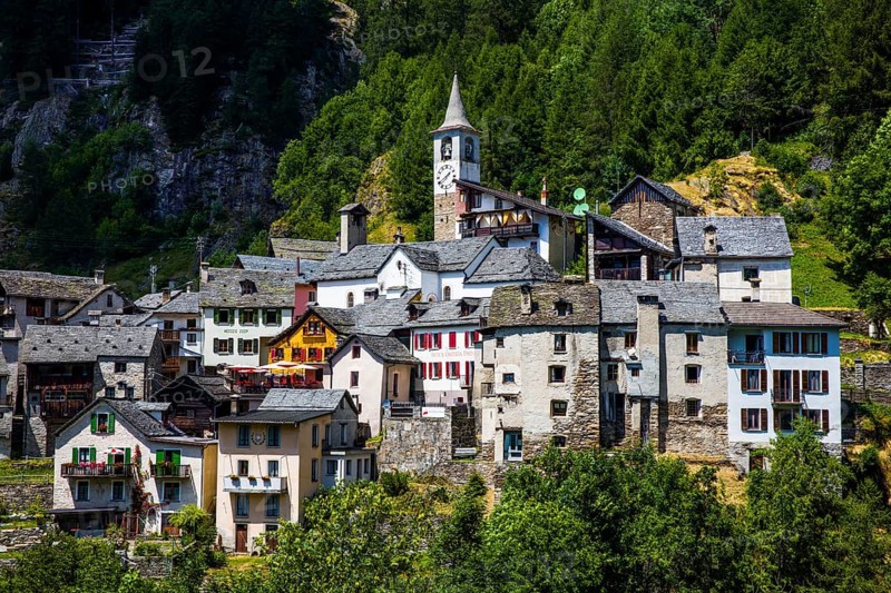 Characteristic old buildings in stone and wood in the village of Fusio