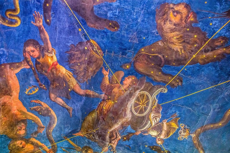 Astronomical fresco of Diana's chariot pulled by dogs between constellations