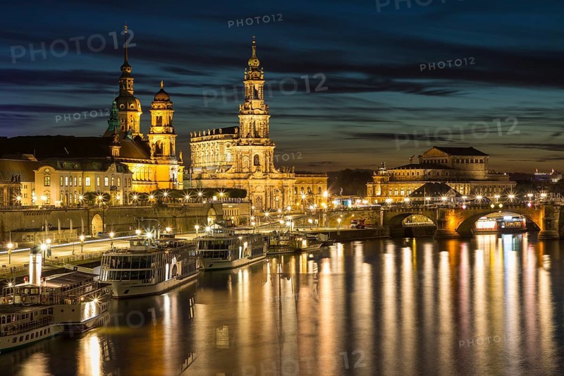 City view at blue hour with Elbe River and Bruehl Terrace