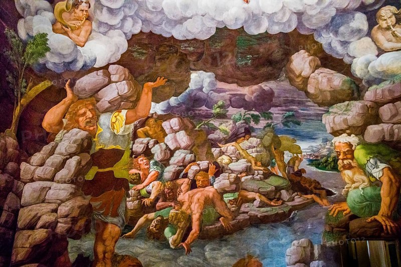 Most famous fresco of Mannerism: Giulio Romano's illusion invents a dome and dissolves the architecture of the room into the fall of the giants