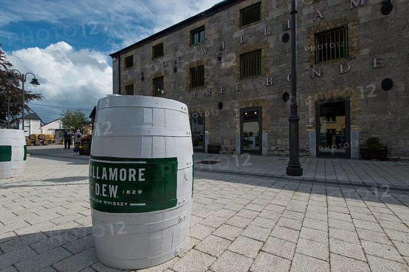 Wiskhy cask in front of Tullamore Distillery
