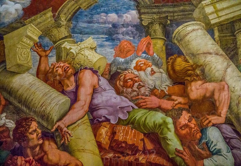 Most famous fresco of Mannerism: Giulio Romano's illusion invents a dome and dissolves the architecture of the room into the fall of the giants