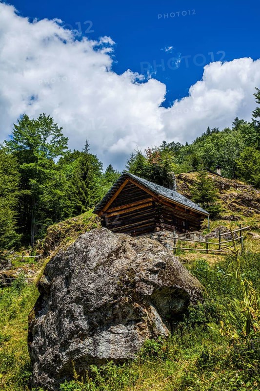 Characteristic old buildings in stone and wood in the hamlet of Mogno