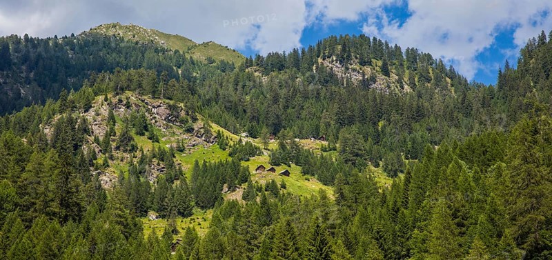 Characteristic old buildings in stone and wood in the mountains near the village of Fusio