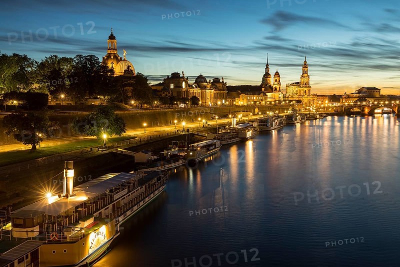 City view at blue hour with Elbe and Church of Our Lady
