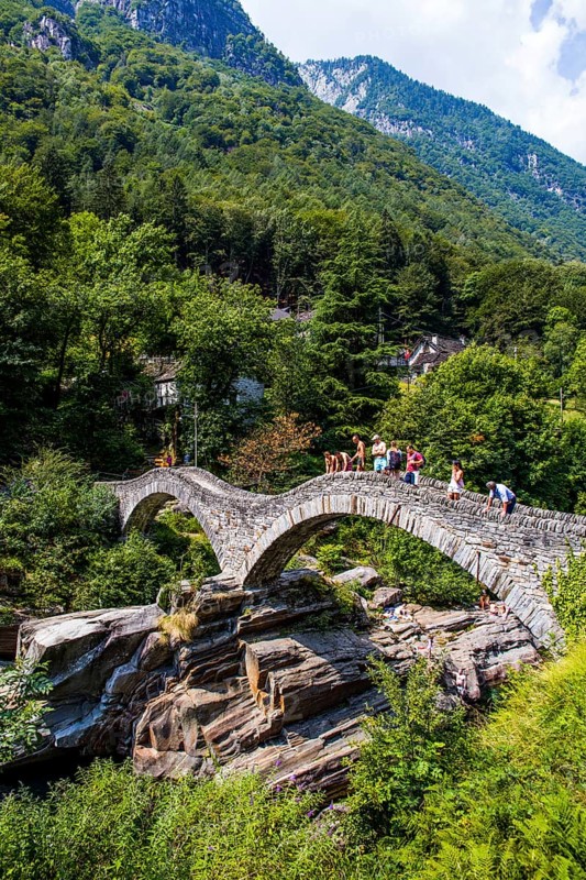 Picturesque double bridge Ponte dei Salti in the Verzasca Valley