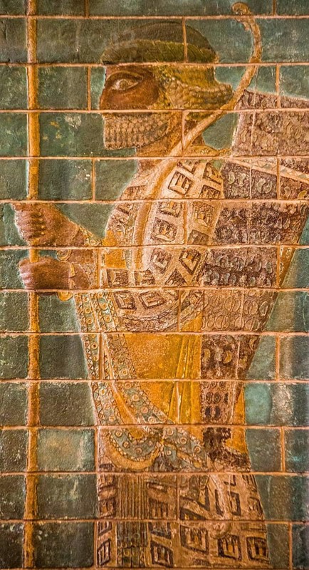 Coloured depiction of a Persian archer and spearman