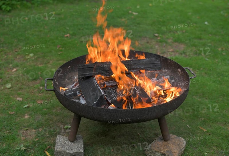 Fire bowl with burning wood fire