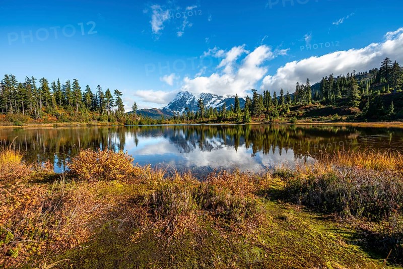 Mt. Shuksan glacier with snow reflecting in Picture Lake