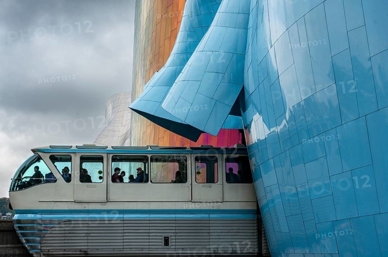 Monorail train runs through museum