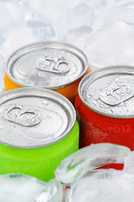 Drinks Lemonade Cola Soft drinks in cans Drinks cans on ice cube Ice cubes